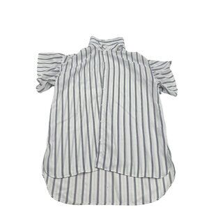 Nine West Women's Striped Button-Up Blouse XS Blue & White Short Sleeves Ruffled